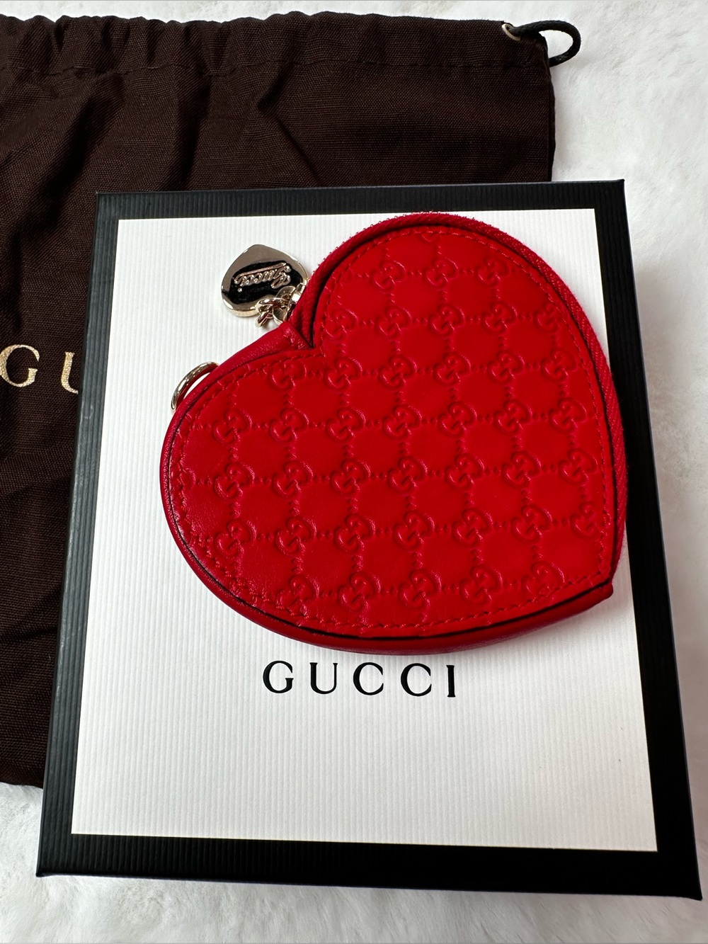 Gucci red Heart Coin Pouch with gold Heart Charm